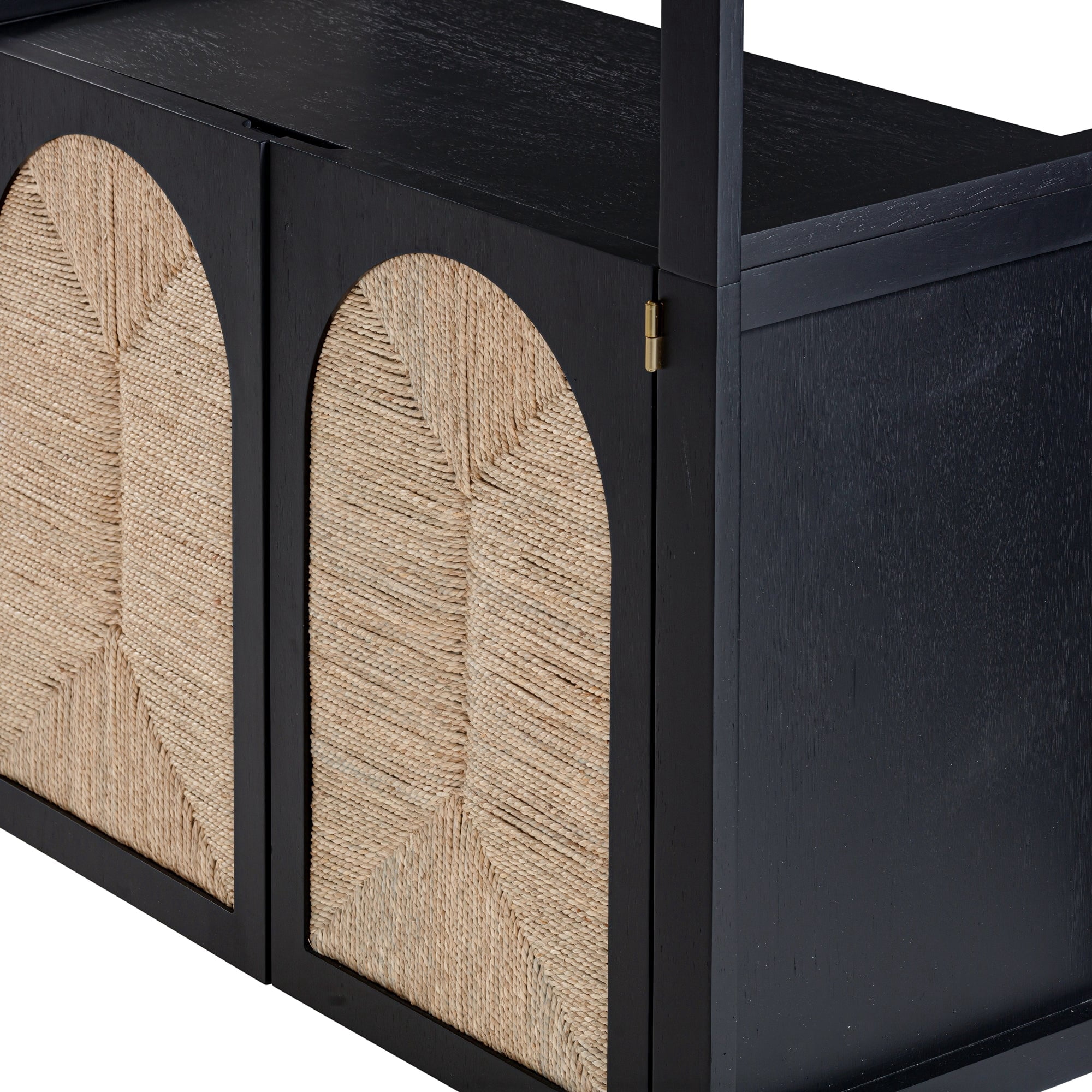 Nathan James Leah Bohemian Arched Bookcase, 3-Tier Bookshelf with Storage Cabinet Base, Seagrass Door Fronts and Solid Wood Frame, Black/Seagrass