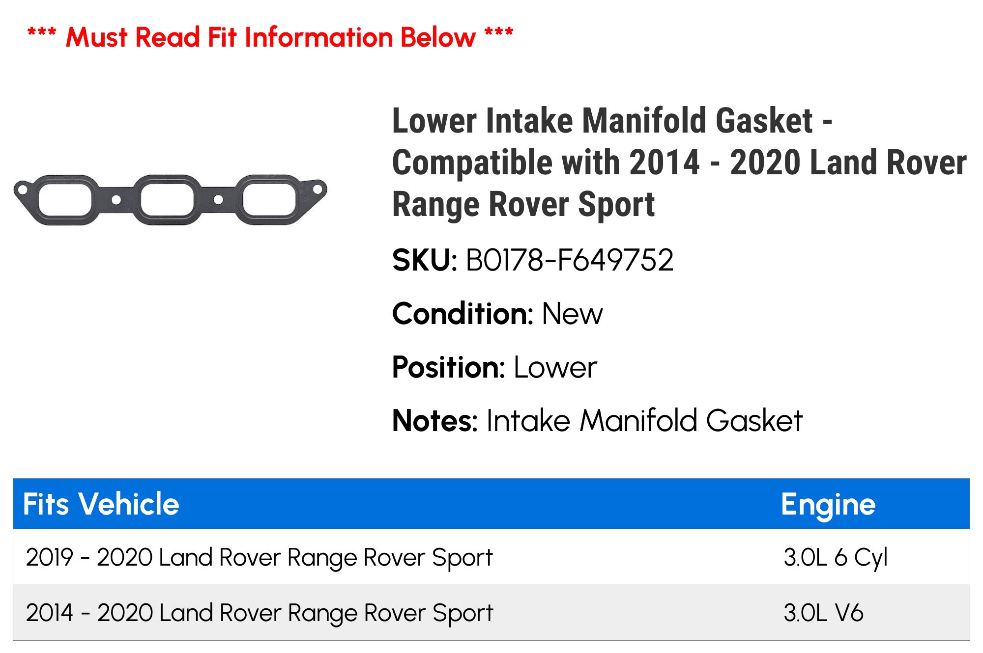 Lower Intake Manifold Gasket - Compatible with 2014 - 2020 Land Rover Range Rover Sport 2015 2016 2017 2018 2019