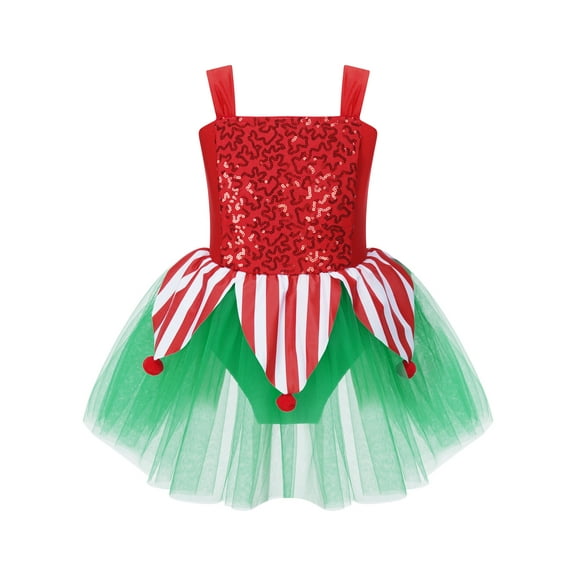inhzoy Kids Girls Christmas Elf Candy Cane Dress-Up Ballet Figure Skating Tutu Dress,Sizes 6-16 Red 10