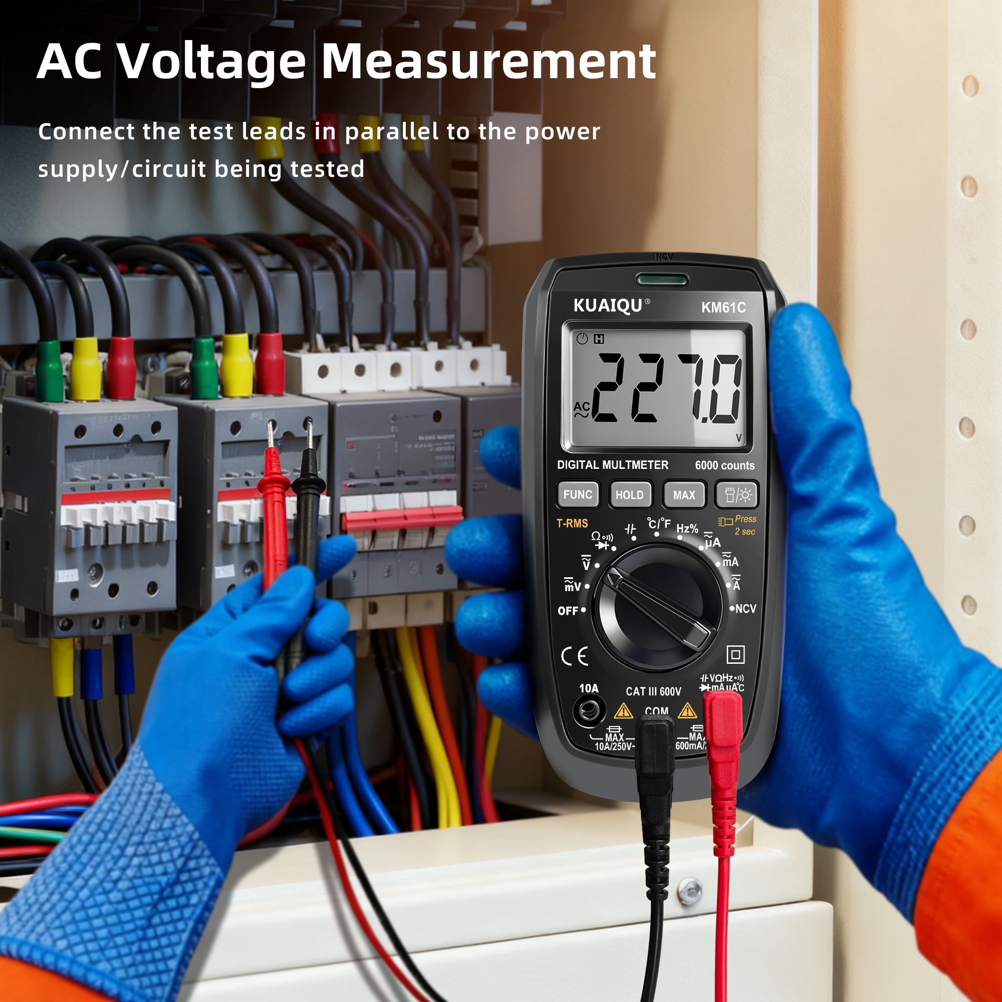 KUAIQU Digital Multimeter TRMS 600V AC/DC Voltage Tester 6000 Counts NCV Ohmmeter Measures Resistance Capacitance Frequency Temperature Diodes Suitable for Electronics HVAC Multimeter KM61C