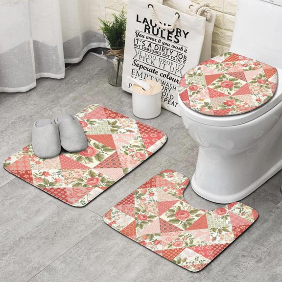 Pioneer Flower Floral Print Pattern Bathroom Rugs Sets 3 Piece,Toilet Cover Set,Absorbent Non Slip Bathroom Mats Sets with U-Shaped Contour Rug Toilet Rug Set