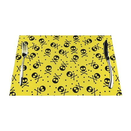 

PUREYAH Table Placemats Set of 1 Washable Heat Resistant Skull Print Bones Yellow Table Decorations Placemats for Dining Room Kitchen