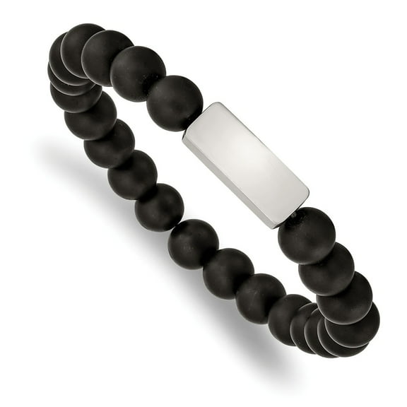 Primal Steel Stainless Steel Brushed ID Plate Black Agate Bead Stretch Bracelet