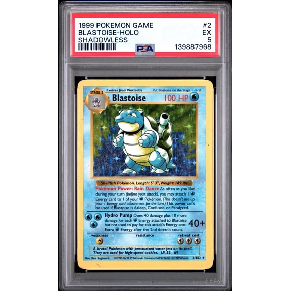 1999 Pokemon Base Set Holo Shadowless Blastoise #2 PSA 5