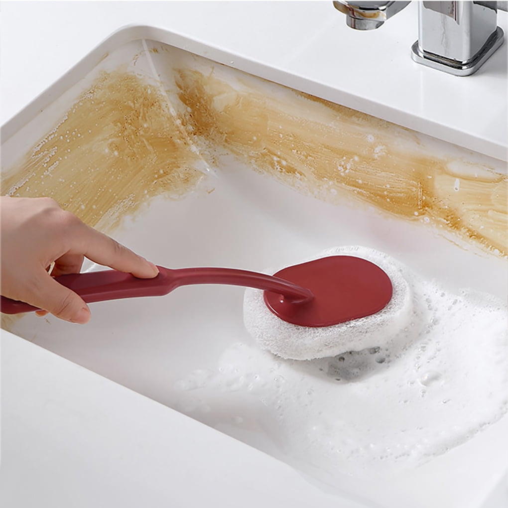 Bathtub Cleaning Brush Kitchen Sponge Brush Kitchen Scrub Brush with Long Handle Household Cleaning Brush for Pot Pan Tile Bathtub Kitchen Sink Cleaning (Red) - by Viemira