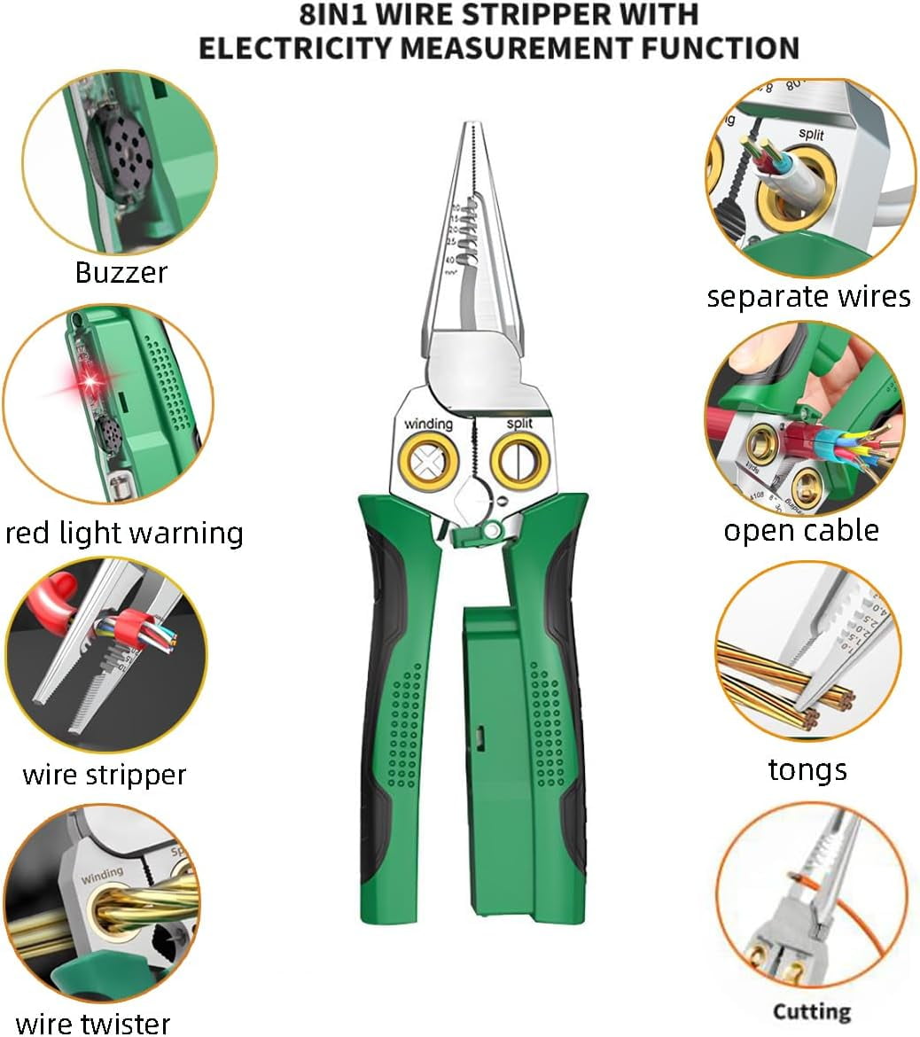 8 in 1 Wire Stripper with Voltage Tester, Crimper Stripper with Voltage Detector & Dual Alarms, 12-250V AC/DC Tester for Electrician HVAC and Car Repair Tool