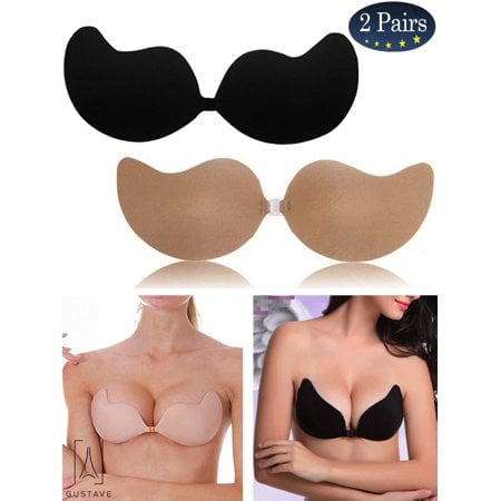 

2 Pack Women Push Up Strapless Invisible Bra Backless Adhesive Sexy Seamless Bra Breast Life Nipple Cover D Cup Black + Skin