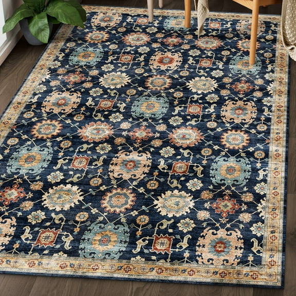 ReaLife Machine Washable Rug - Stain Resistant, Non-Shed - Eco-Friendly, Padded, Family & Pet Friendly - Made from Premium Recycled Fibers - Bryn Vintage Distressed - Blue Brick Gold, 4' x 6'