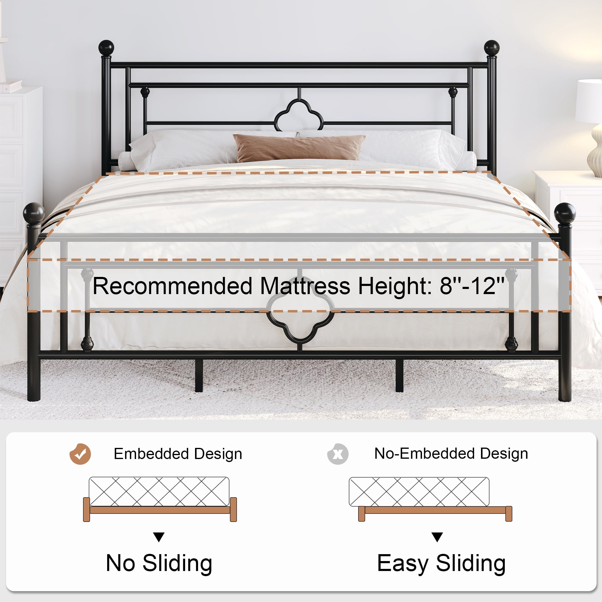 Sha Cerlin Black King Size Metal Platform Bed Frame with Victorian Vintage Headboard