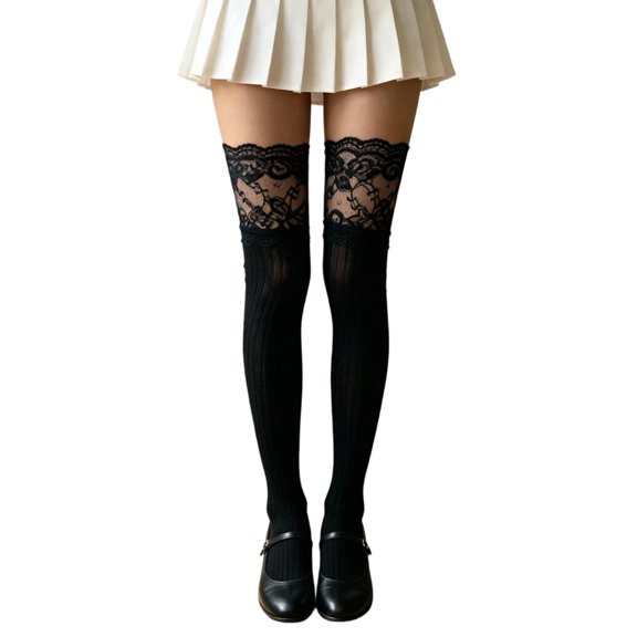 Women's Y2K Lace Trim Over-the-Knee Socks Ribbed Thigh High Stockings (1 Pair)