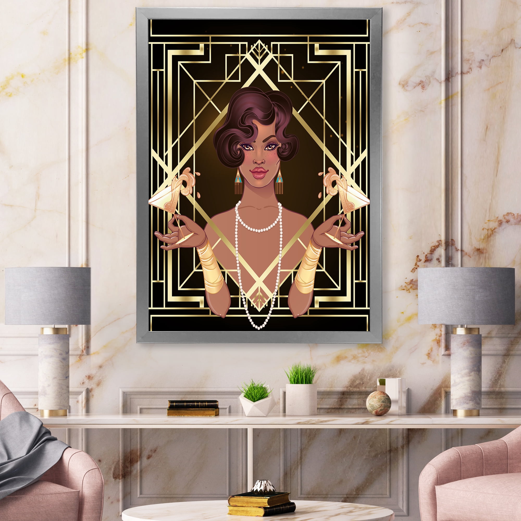 Designart 'Retro Girl In Golden Art Deco Geometrics I' Modern Framed Art Print