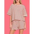 thumbnail image 6 of Women 2 Piece Sets Summer Outfits Cute Stripe Knit T Shirts Shorts Matching Lounge Set Wine Red S, 6 of 7