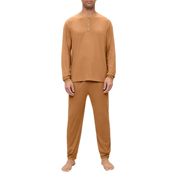 Dwelliawo Men's 2 Pieces Long Sleeve Solid Color Crew Neck Casual Pajamas Set Khaki 4xL
