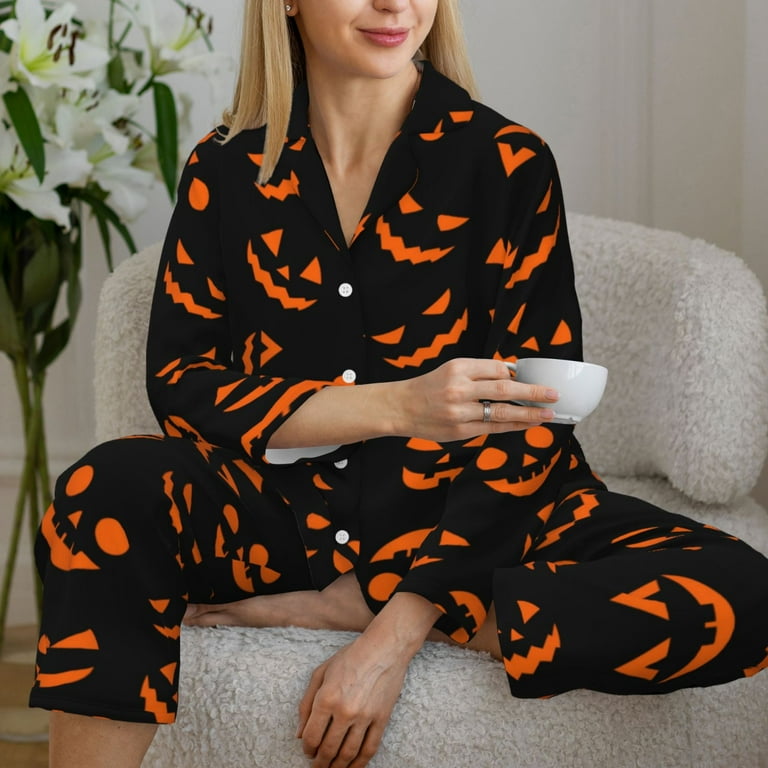 Halloween Pajamas for Women Set halloween print design Long Sleeve Button Up Pajama Sets for Women 2 Piece Sleepwear Nightwear Halloween Pjs Sets