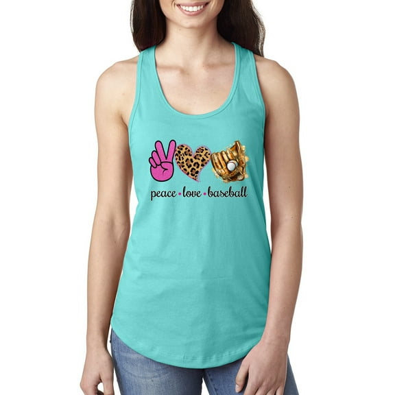 Peace Love Baseball Sports Ladies Racerback Tank Top, Tahiti Blue, Medium