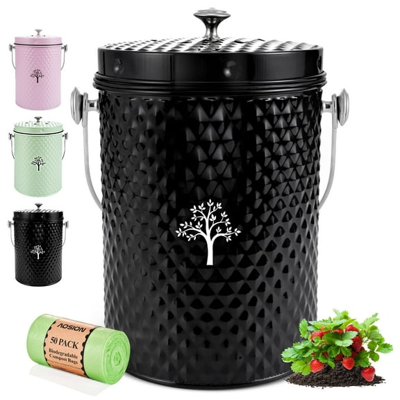 AOIOSN,Countertop Compost Bin Kitchen,Odorless Indoor Compost Bin with Lid and Compost Bags,Compost Bucket Composter Container for Food Waste,Black