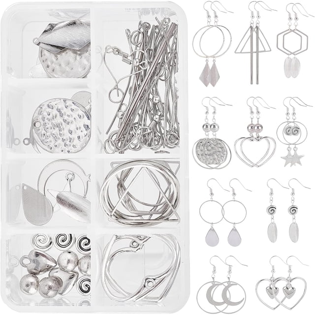 1 caja DIY de 10 pares de dijes de corazón, kit de inicio para hacer aretes de San Valentín, dijes de amor, anillos de unión de corazón hueco, dije de estampado, dije de estrella y luna.