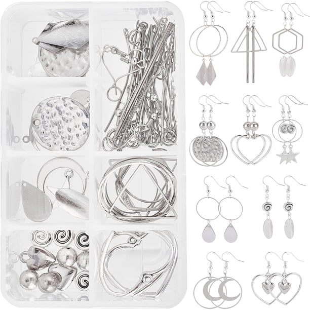 1 caja DIY de 10 pares de dijes de corazón, kit de inicio para hacer aretes de San Valentín, dijes de amor, anillos de unión de corazón hueco, dije de estampado, dije de estrella y luna.