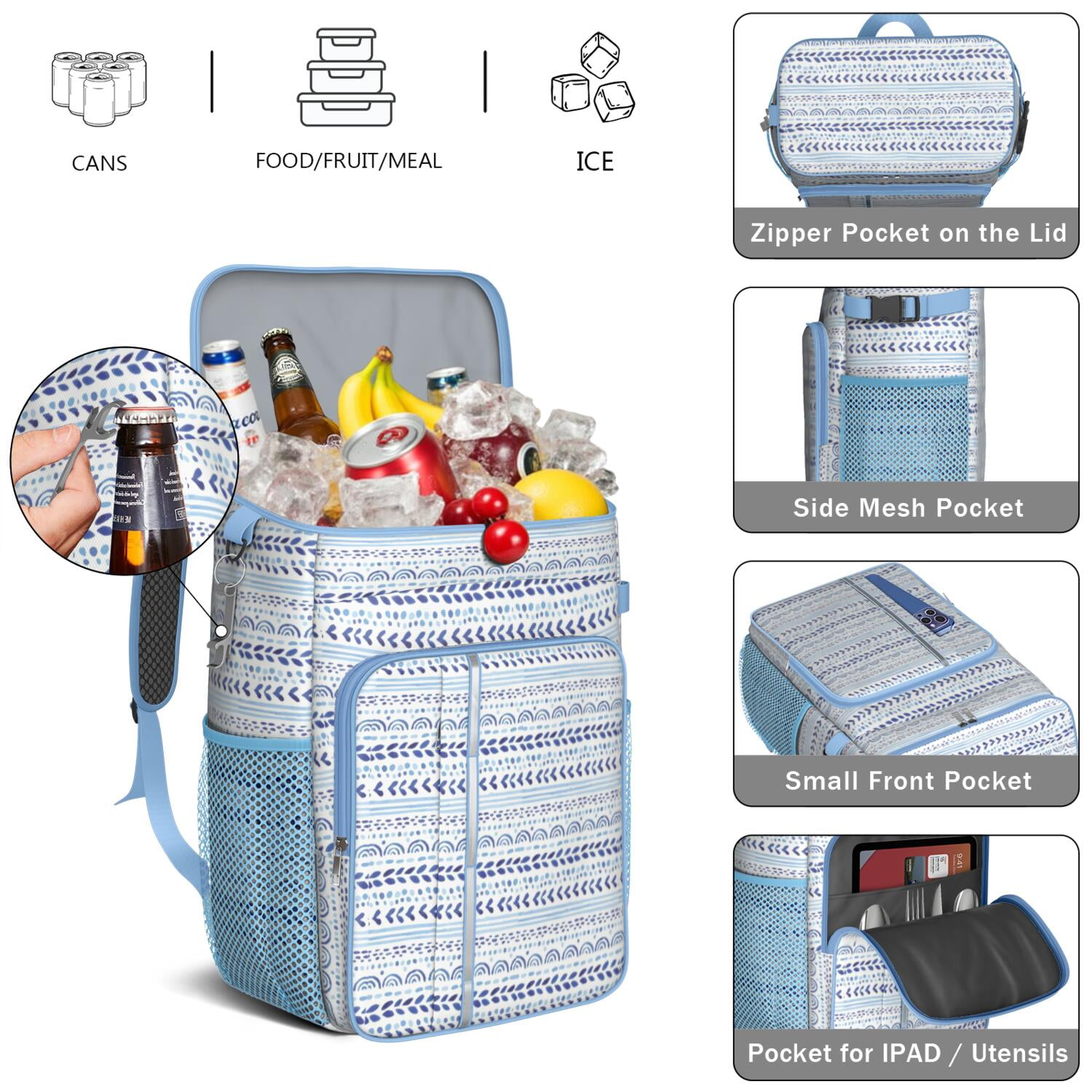 Travel Cooler Bag - Boho Bohemia Pioneer Flower Geometric Line Art Camping Beer Cooler Backpack with Bottle Opener- Waterproof Insulated Picnic Backpacks - Cooler Bag for Beach