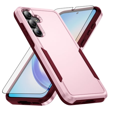 Compatible with Samsung Galaxy A35 5G Phone Case Tempered Glass Screen Protector Hybrid Rugged Shockproof Hard Protective Drop Proof Full Body Heavy Duty Mobile Cell Cover for A 35 35A A355G Pink