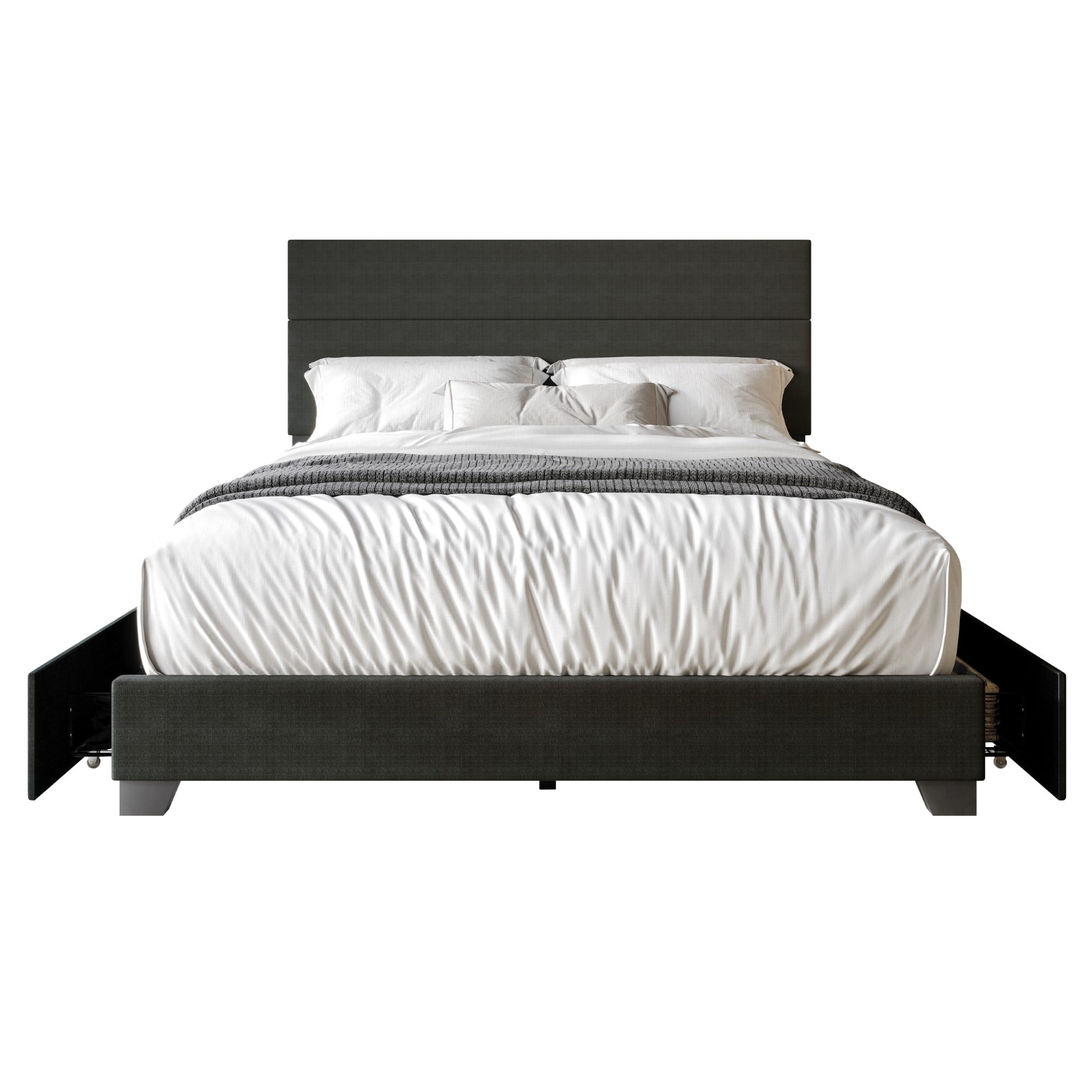 Home Design Kapaa King Upholstered Storage Platform Bed Frame with Horizontal Channel-Tufting and Side Drawers, Charcoal Gray, Easy Assembly