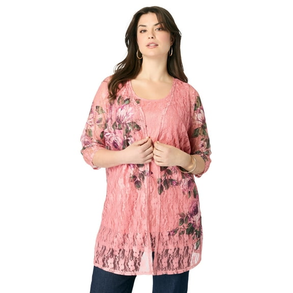 Roaman's Women's Plus Size Printed Lace Cardigan