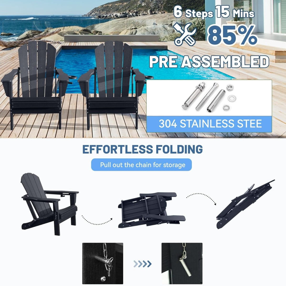 TOPCOMFY Adirondack Chair Set of 2 Folding All-Weather Plastic Outdoor Patio Lawn Fire Pit Seating with Cup Holder Black