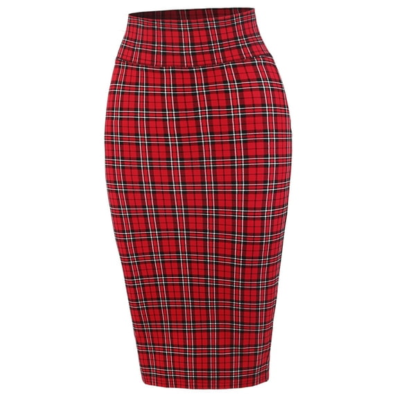 A2Y Women's Basic Solid Ponte Knee Length Slit Techno Span High Waist Pencil Skirt Red Check Plaid S