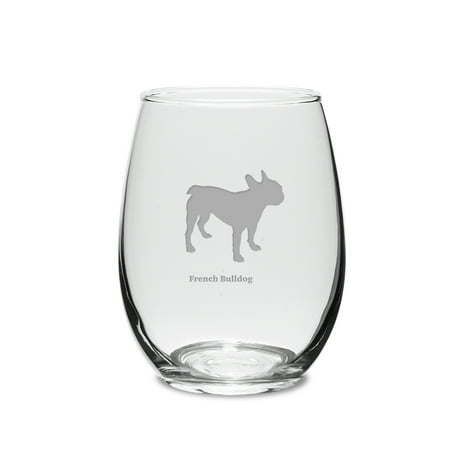 

French Bulldog Deep Etched 15 oz Stemless White Wine Glass