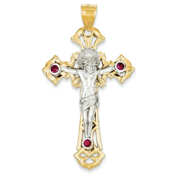 14k Two-tone Polished with Red CZs Crucifix Pendant C2034 (14.44 grams | 69MM x 37MM)