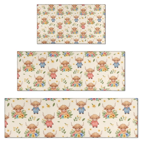 Beige Highland Cow Flower Cartoon Pattern Kitchen Rugs Sets Of 3,Kitchen Runner Rugs Non Skid Washable,Decorative Kitchen Floor Mats for Kitchen,Sink,Laundry,17"x30" 17"x47" 17"x59"