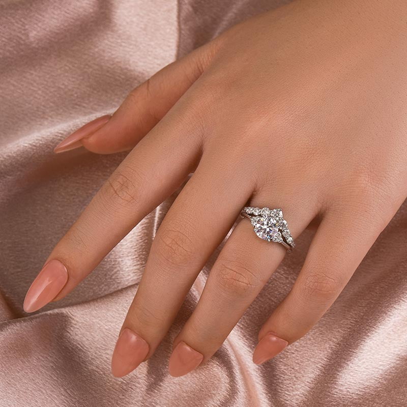 Veda Jewel 2.3 Ct Round Cut Diamond Engagement Wedding Bridal Ring Set for Women – 14K White Gold Plated Ring with Chevron Anniversary Band – Elegant Solitaire and Side Stone Style