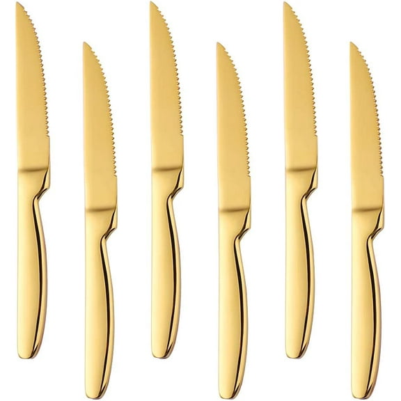 Stainless Steel Serrated Steak Knife Set of 6, BuyGo Gold Color Heavy Duty Dinner Table Knives for Cutting Meat, Beef, 8.6 Inch, Dishwasher Safe