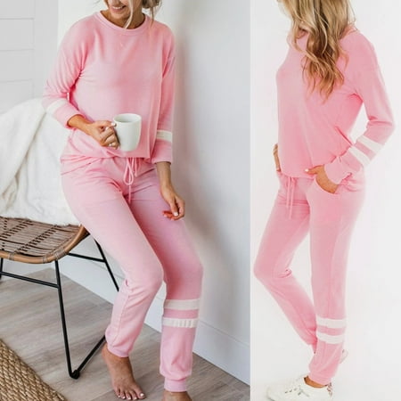

FITORON Womens Pajama Sets- 2Pcs Stripe Printed Sets Leisure Wear Lounge Wear Suit Home Tops+Pants Pink M