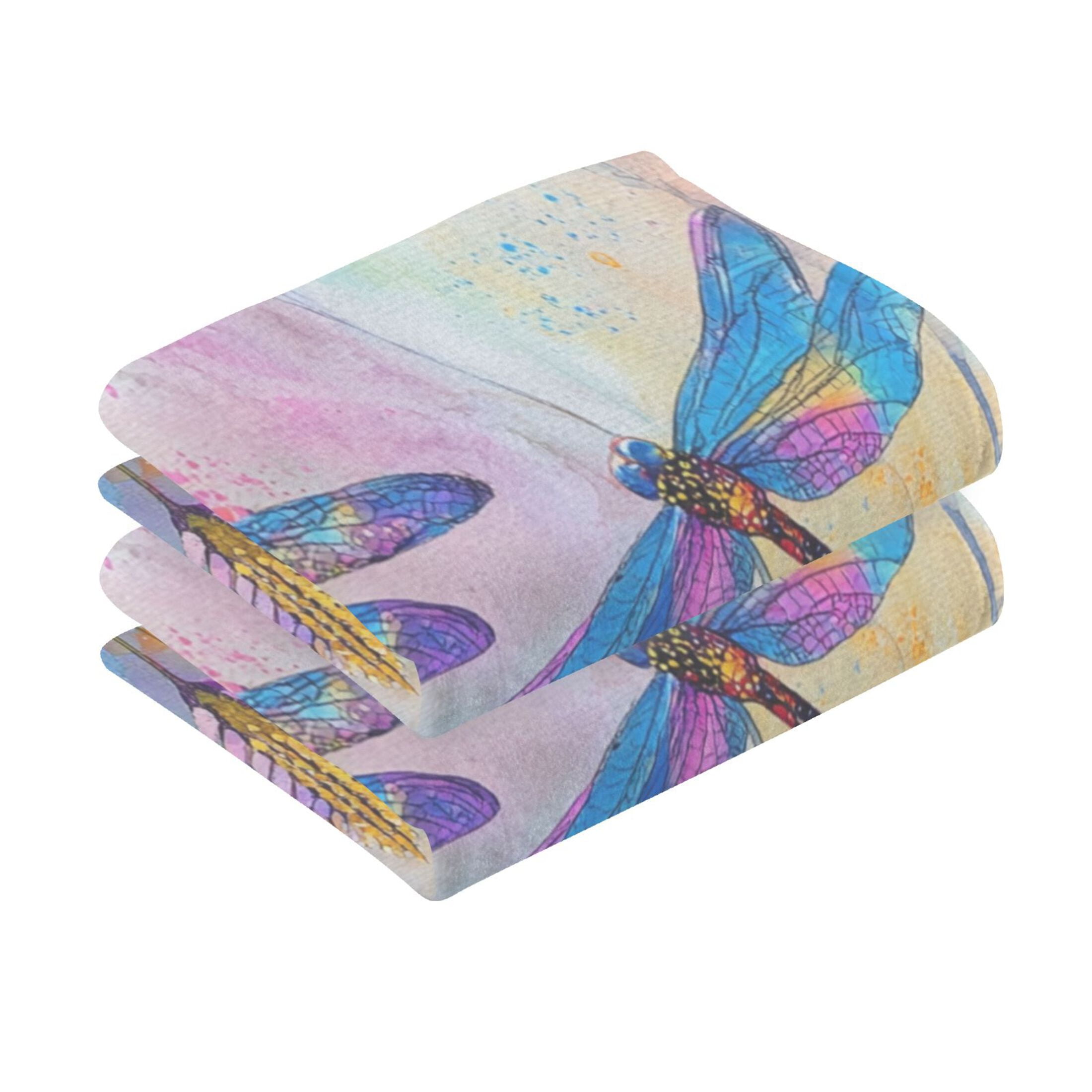 2 Pieces of Cotton Towel Face Towel Set Hand Towel Bath Towel Cotton Bath Towel Sets Blue Dragonfly