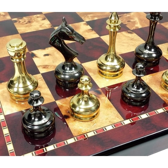 Brass Metal Gold  Black Modern Slim Staunton Chess Set 18" Cherry Color Board