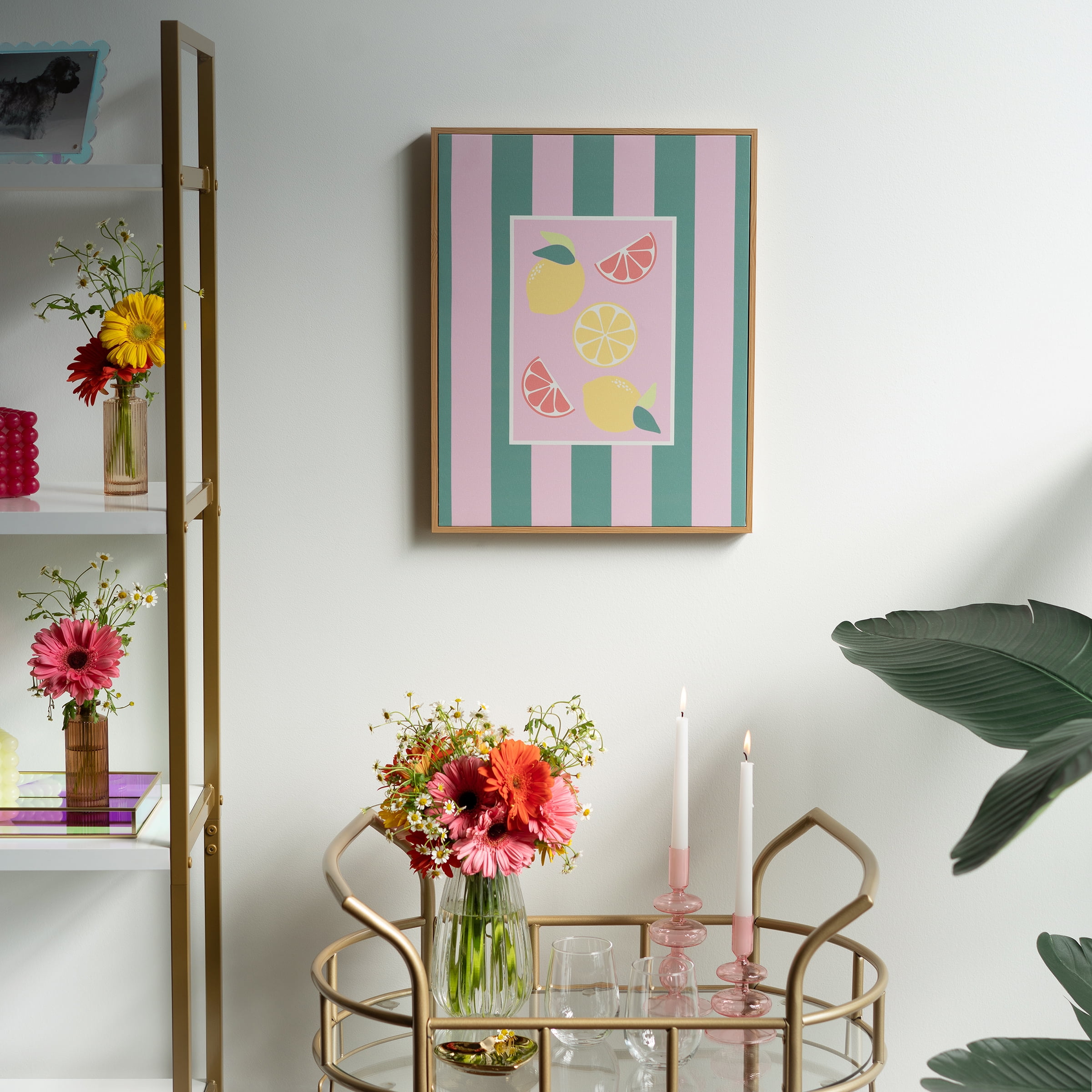 Mainstays Pink and Green Stripped Canvas Wall Art with Fruit
