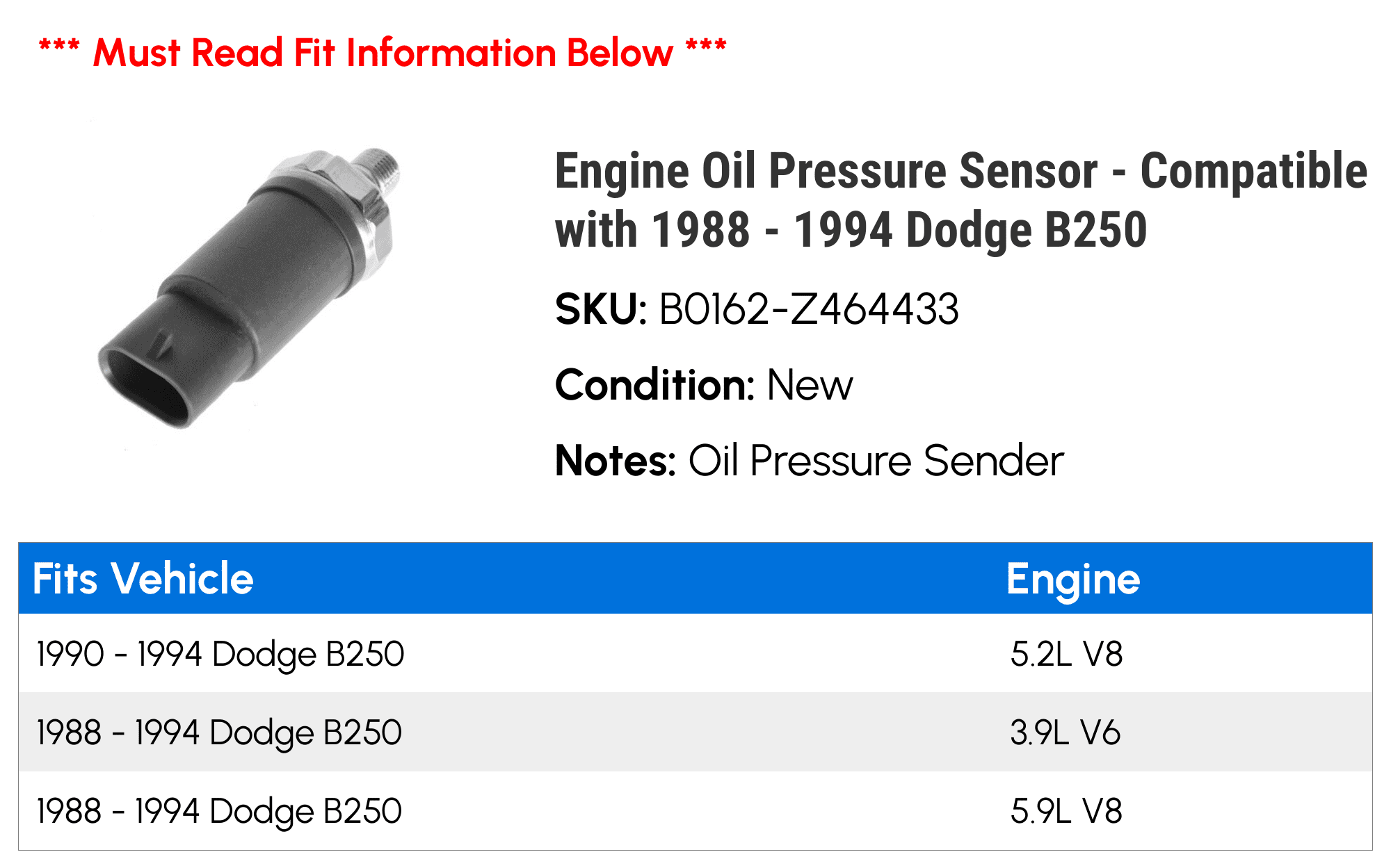 Engine Oil Pressure Sensor - Compatible with 1988 - 1994 Dodge B250 1989 1990 1991 1992 1993