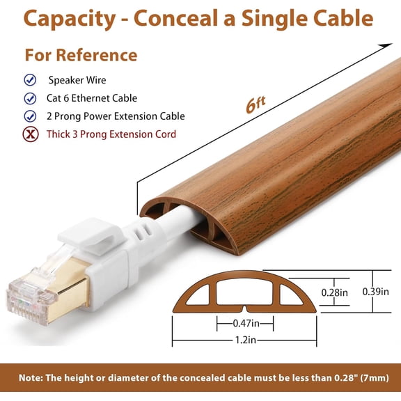 PYYAN-Floor Cord Cover 6ft, Cord Hider Floor Brown Walnut Wood, Cable Management Prevent Trips, Cable Cover Wire Covers for Electric Power Cords, Wire Protector Cavity W0.47in x H0.28in