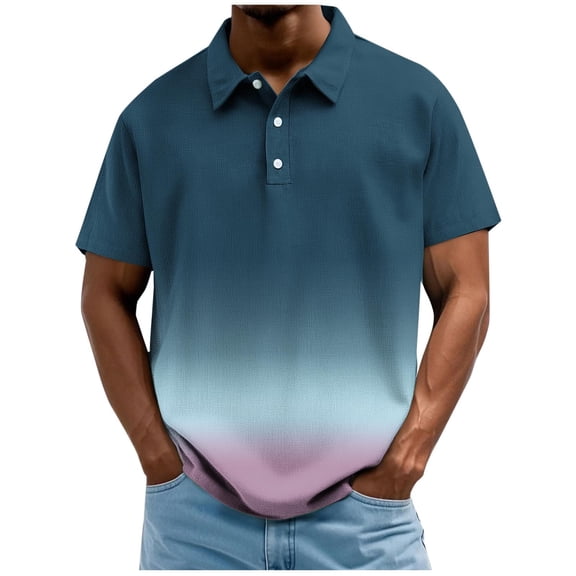 FAWUUDO Shirts for Men Short Sleeve Button Down Collar Gradient Shirts Moisture-Wicking Sports Men's Lapel Shirt C-Navy