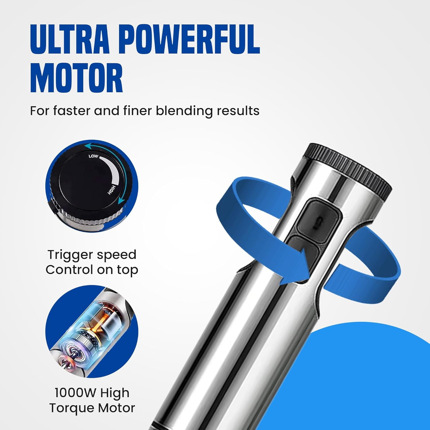 Immersion Blender Handheld 8-Speed Stainless Steel Electric Stick Mixer with Whisk Chopper for Soups Smoothies Sauces Baby Food