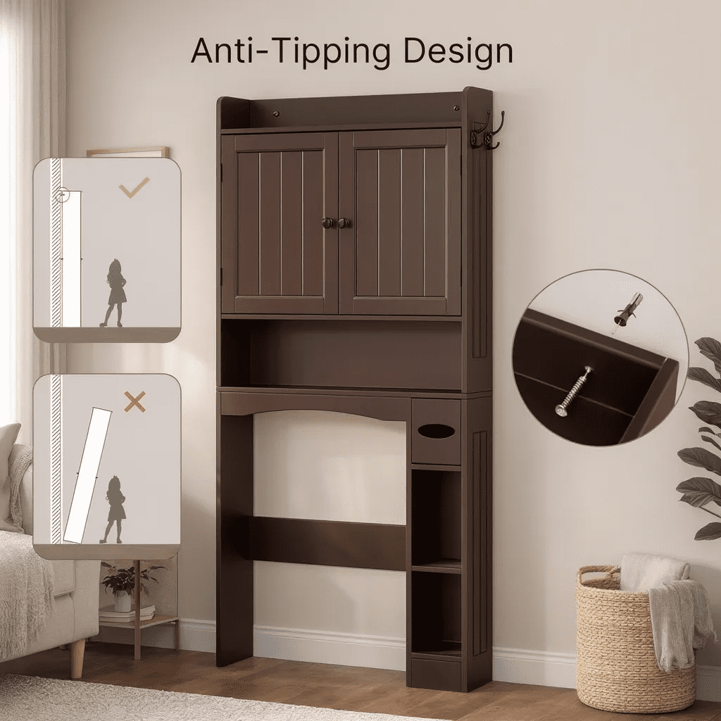 Aiho 70.3" Tall Over the Toilet Storage Cabinet, Bathroom Organizer Above Toilet with Adjustable Shelves & 2 Side Hooks, Space Saver for Bathroom, Laundry, Dark Brown