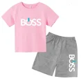 thumbnail image 3 of Conjunto de 2 piezas de camiseta de manga corta y pantalones cortos con estampado de letras de marca de verano, traje deportivo informal para niños y niñas, conjunto de moda para niños, 3 of 5