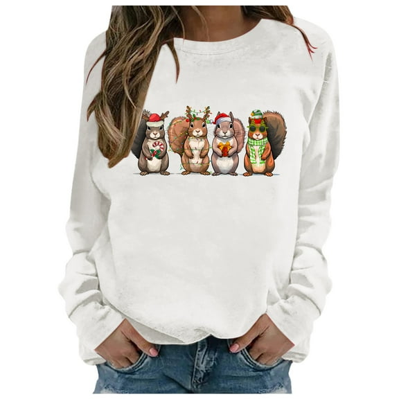 Fiaer Christmas Sweatshirts for Women Squirrel Christmas Pullover Xmas No Hooded Hoodie Cute Graphic Long Sleeve Plus Size Tops White XL