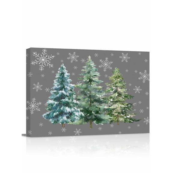 Green Christmas Tree Canvas Print Wall Art Xmas Pine Trees Winter Snowflakes Grey Pictures Painting Morden Artwork for Living Room Bedroom, Ready to Hang - 12"x16"
