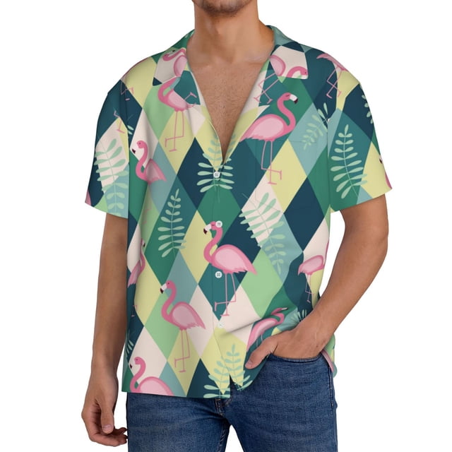 Fotbe Flamingo Camisa Estampada de Manga Corta para Hombre, Casual de Verano, Estilo Playero, Sin Arrugas-Large