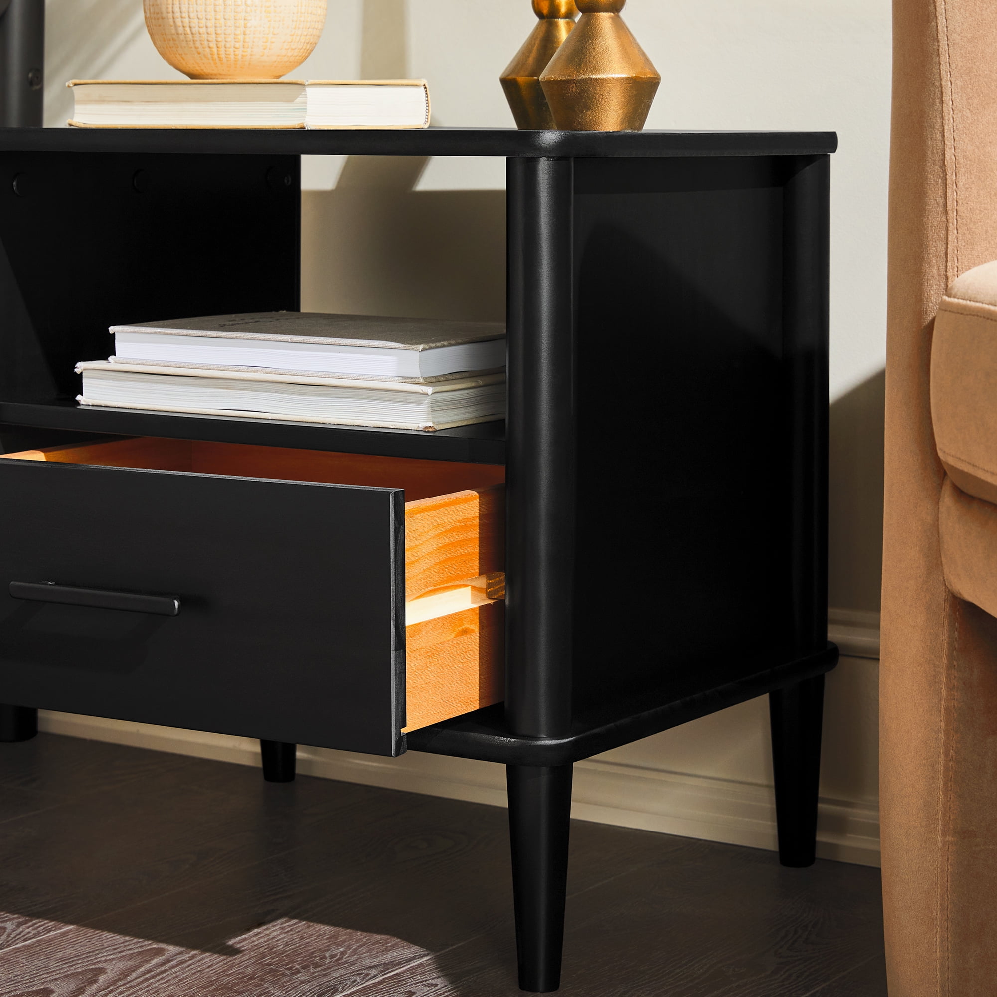 Walker Edison Transitional 1-Drawer Spindle-Leg Nightstand, Black