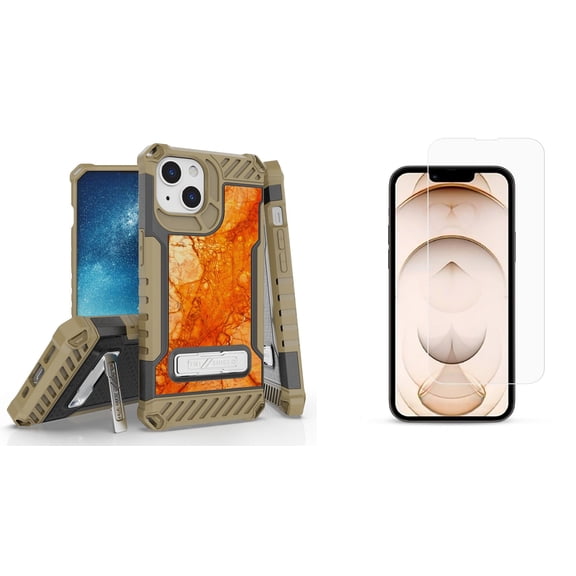 Bemz iPhone 13 Mini Bundle: Tri Shield Military Grade Armor Rugged Case (Amber Marble), Premium Glass Screen Protectors (2-Pack)