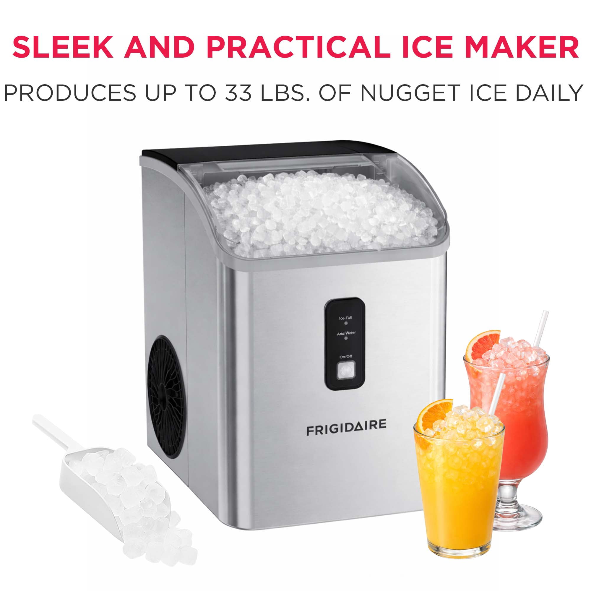 Frigidaire 33 lbs. Nugget Ice Maker, Countertop Soft Pellet Ice Maker for Home, Kitchen, Office, Bar, Stainless Steel