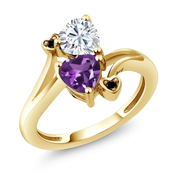 Gem Stone King 18K Yellow Gold Plated Silver White Moissanite Purple Amethyst and Black Diamond Ring for Women (1.63 Cttw, Heart Shape 6MM, Gemstone Birthstone, Size 5)